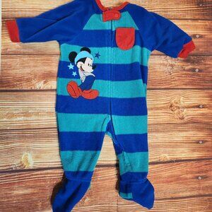 3-6 MOS Disney Store Mickey Mouse Striped Fleece Zip Up One Piece Footie Pajamas
